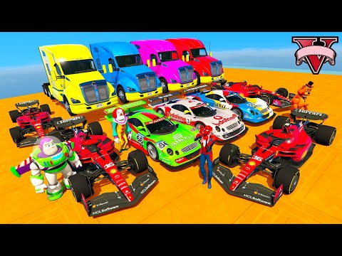 Spiderman & Super Heroes Race In Mega Ramps By Mack Trucks & Sea Bikes Super Cars