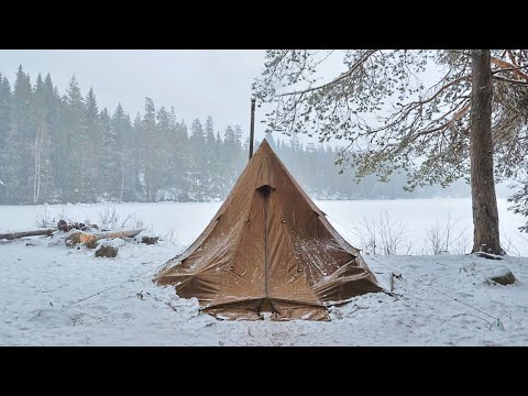 Hot Tent Winter Camping on a Remote Frozen Mountain Lake with my Daughter and Friends