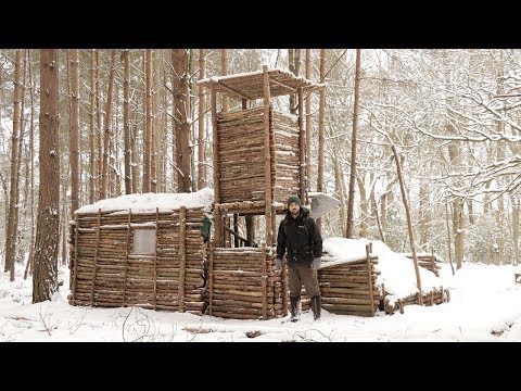 Bushcraft Camp in the Snow - Fire, Shelter, Axe, Cooking Fish