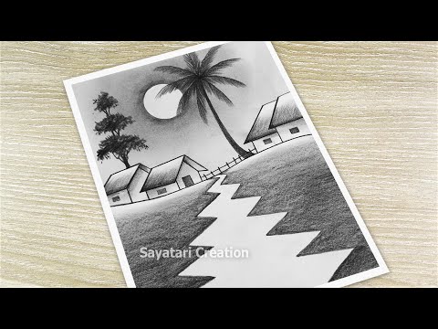 Night Landscape Drawing with Pencil, Moonlight Scenery Drawing for Beginners