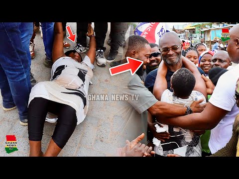 Hilarious: Woman lay on the floor for Kennedy Agyapong to walk on her as he campaigns at Amasaman