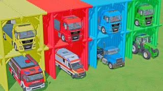 transporting of colors ! mini cars , ambulance, fire truck, giant tractor ! farming simulator 22