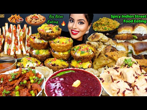 ASMR Eating Spicy Street Samosa,Pav Bhaji,Chicken Momos,Maggi Indian Street Food ASMR Eating Mukbang