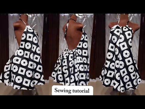 How to cut and sew the trendy ankara halter neck dress with a low back and rope