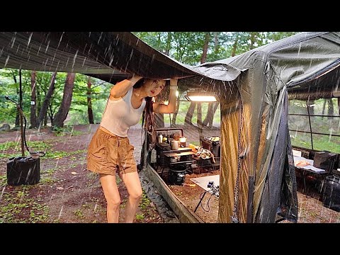 Solo camping in the rain - wet body overnight, typhoon, strong rain, cozy tent, ASMR