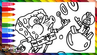 Draw and Color SpongeBob and Sandy Cheeks Blowing Bubbles  🧽🫧🐿️🌊 Drawings for Kids