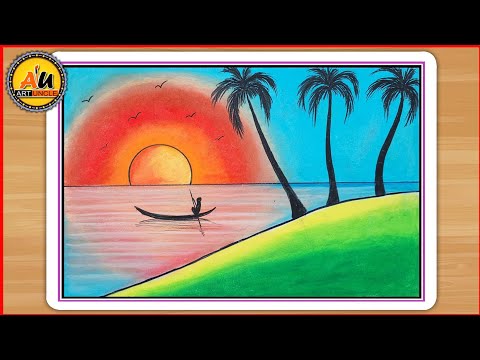 Easy Sunset scenery drawing with oil pastels