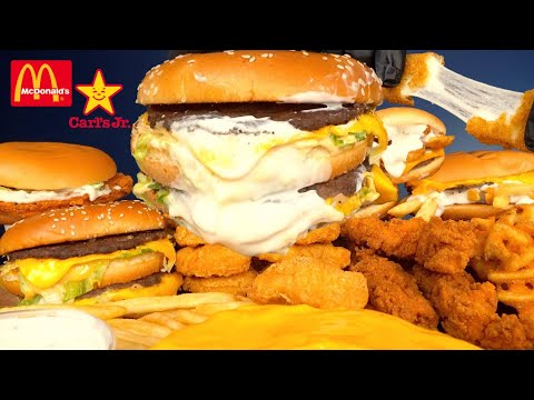 ASMR MUKBANG LOADED BURGERS CRISPY CHICKEN CHEESE STICKS & FRIES | WITH CHEESE MCDONALDS + CARLS JR