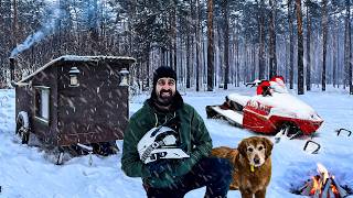 Escaping a BIG SNOWSTORM in our Snowmobile Cabin!