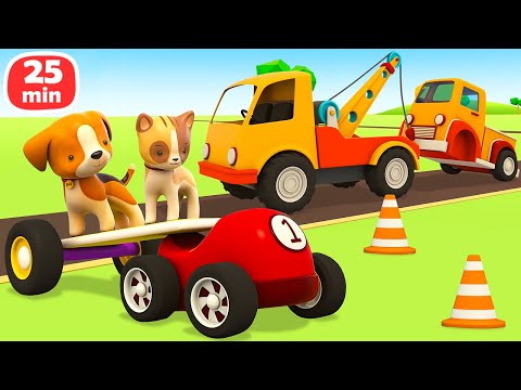 The racing cars are playing with animals and help the pickup to repair its wheels with Helper cars.