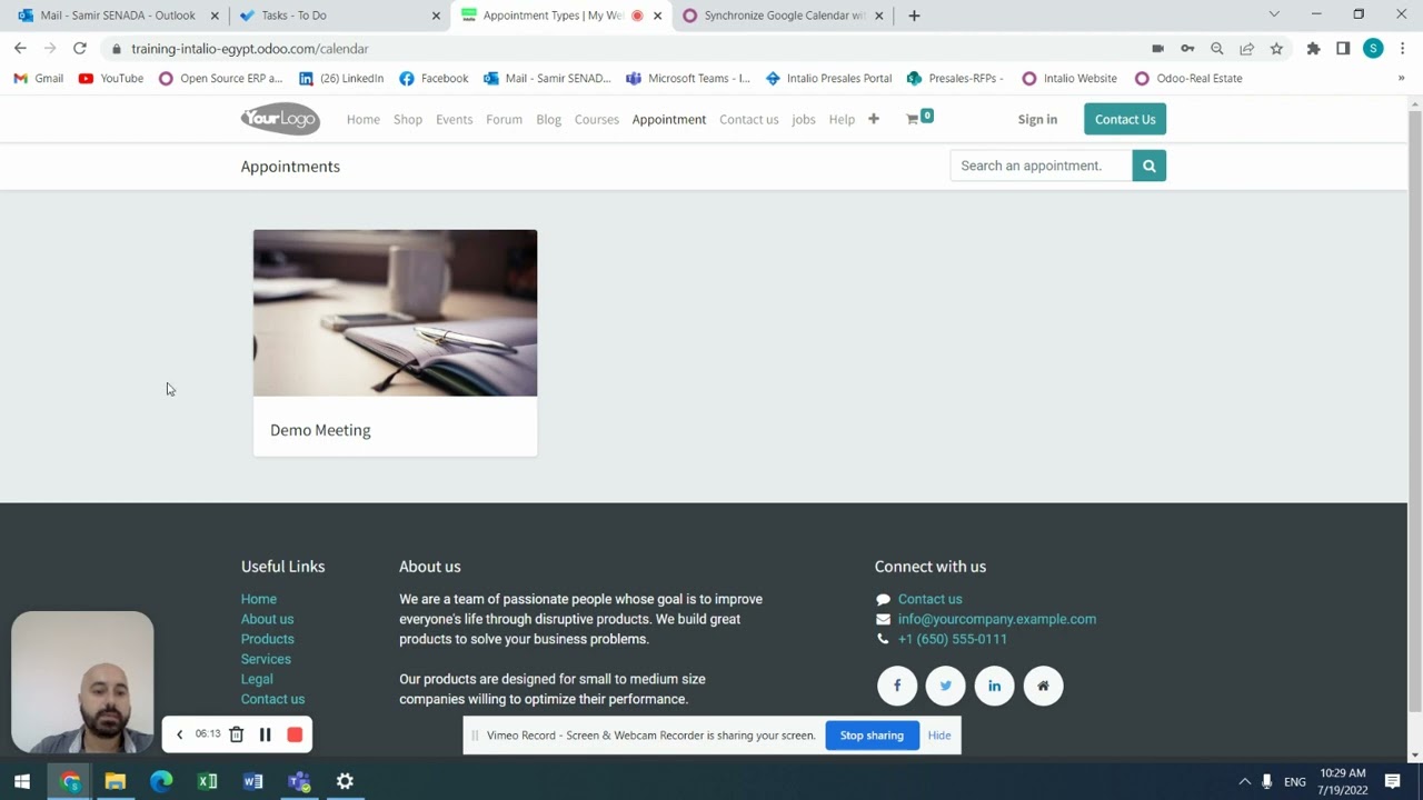 Odoo Online Appointments | 19.07.2022

Concept-Solutions من خلال تطبيقات التقويم والموقع الاكتروني تقدر تعمل تسجيل لمواعيد اجتماعات بشكل منظم لكل فريق العمل ...