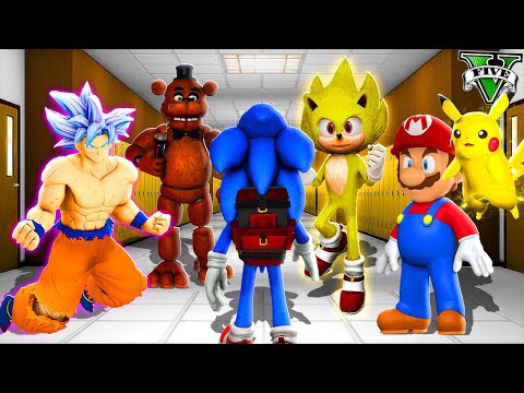 ENTRANDO en LA ESCUELA de TODOS los PERSONAJES en GTA 5 !! (Sonic Mario Goku Pokemon mod)