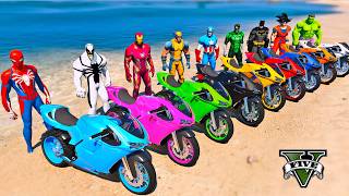 SPIDERMAN vs SUPERHEROES ARMY MOTORBIKES RACING CHALLENGE on GRAND CANYON MOUNTAIN MEGA RAMP - GTA 5