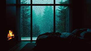 Dark Cabin Bedroom • Heavy Rain Night with Fireplace for Anxiety Relief
