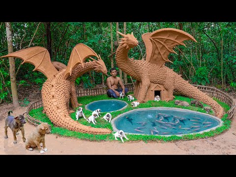 Rescue Puppies Hide In Jungle Building Dog House Under the Dragon For Dog Shelter