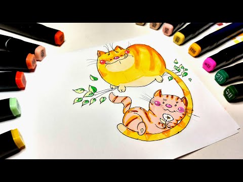 How to draw a 2 cute cats with markers?