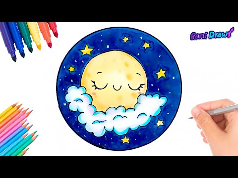 Cómo dibujar un PAISAJE DE LUNA KAWAII - dibujos fáciles Paso a paso