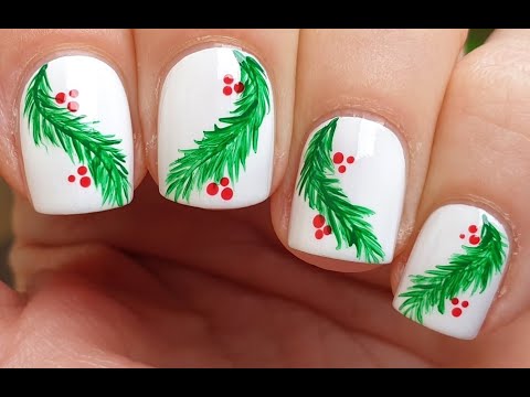 White Christmas Nail Art | Easy Festive Nails With Fir Tree & Mistletoe Motifs