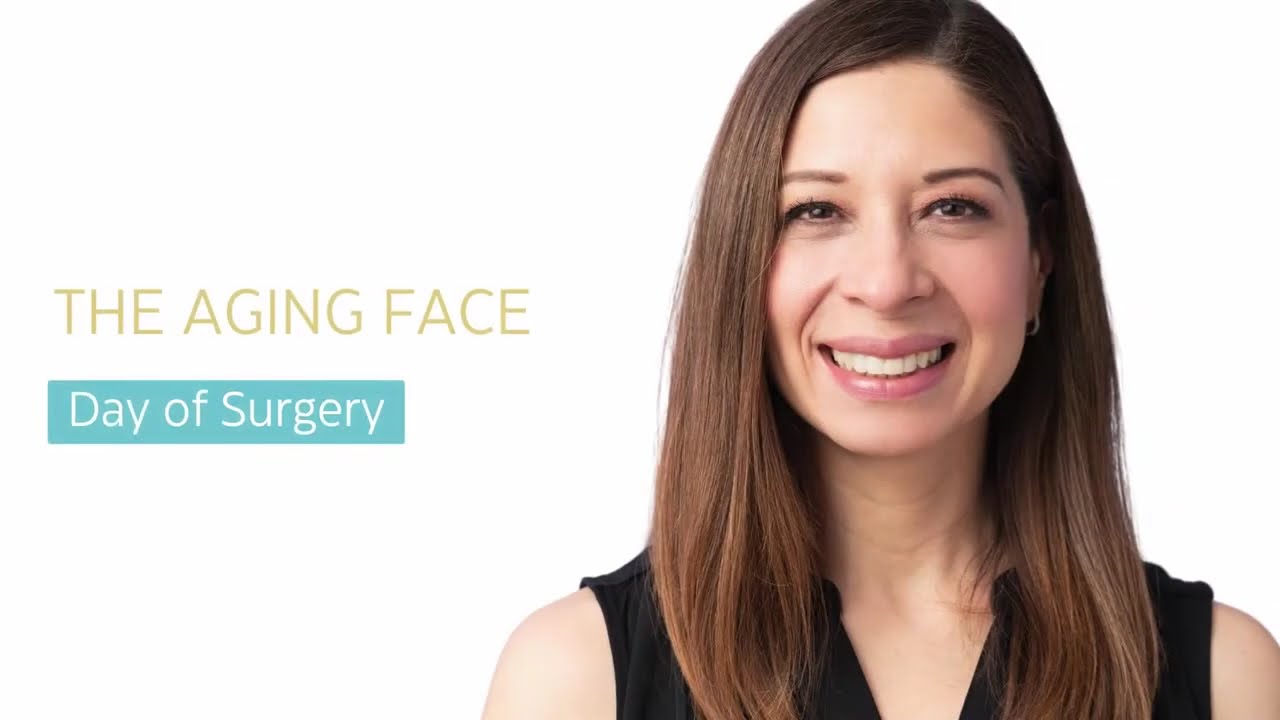 Woman smiling on day of aging face surgery.