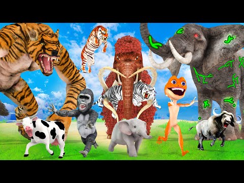 10 Mammoth Elephant Cow Buffalo vs 10 Lion Tiger Wolf vs Giant Dinosaur Attack Baby Elephant Gorilla