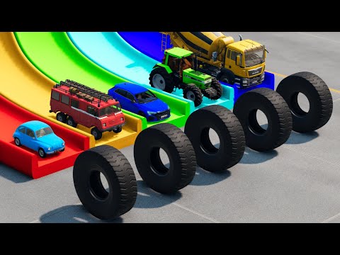 Flatbed Trailer Cars Transportation w/ Slide Color & Tires  - Pothole vs Car vs Speed Bump - BeamNG