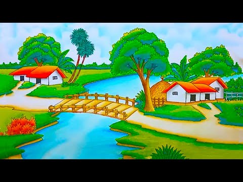 How to draw a beautiful landscape village scenery step by step | landscape scenery beautiful nature