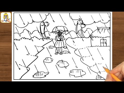Rainy Season Drawing || Girl in Rainy Day || How to Draw Rainy Day Drawing || Rainy Season Scenery