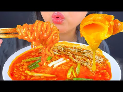 ASMR SPICY NOODLES, FRIED ENOKI MUSHROOMS, SOFT BOILED EGG DRENCHED IN THICK SPICY SAUCE