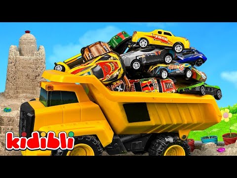 Race Cars Smash Sand Castle 🚗 Toy Excavator & Dump Truck Build It | Colorful Sand for Kids | Kidibli