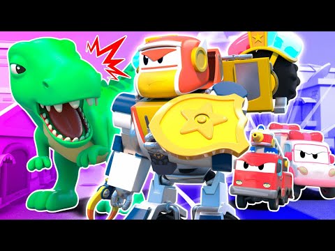 AMENAZA DE DINOSAURIO, ¡EQUIPO DE RESCATE detiene al T-REX! | Super Camion Robot Dinosaurios