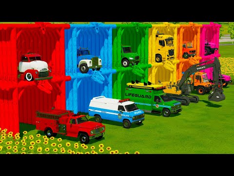 TRANSPORTING FIRE ENGINE, POLICE CAR, AMBULANCE & EXCAVATOR  WITH TOW TRUCKS! - Farming Simulator 22