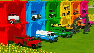TRANSPORTING FIRE ENGINE, POLICE CAR, AMBULANCE & EXCAVATOR  WITH TOW TRUCKS! - Farming Simulator 22
