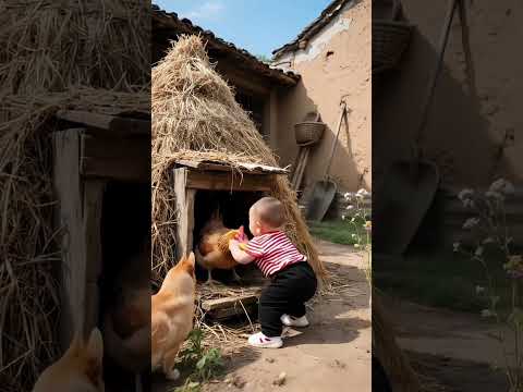 The baby ran away after taking the egg and was chased by the rooster and the hen!