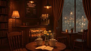 Rainy Evening Coffee Shop Ambience – Warm Coffee, Soft Jazz Music & Rain for Work, Study, Relax
