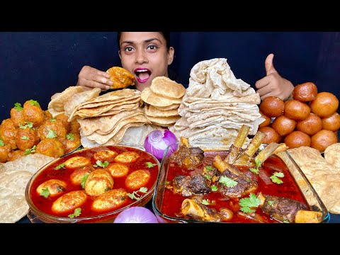 Spicy Mutton Curry Spicy Egg Curry With Puri Dum Aloo Rumali Roti Paratha Gulab Juman Eating