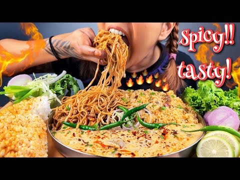 COOKING & EATING 🔥 SPICY NOODLES WITH FRIED RICE & THAI CURRY | EATING NOODLES, FRIED RICE & GRAVY🔥
