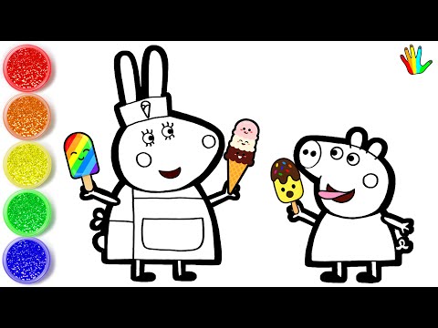 How to draw Miss Rabbit and Peppa Pig - Ice Cream Drawing and Coloring Page for kids - Bee Art TV