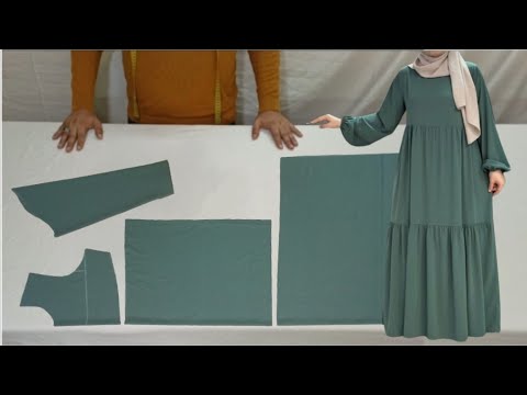 طريقة تفصيل وخياطة عباية طبقات للمحجبات dress cutting and stitching Abaya تفصيل وخياطة فستان عباية