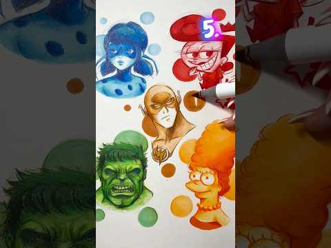 Dibujo 5 PERSONAJES ANIMADOS🔥 con SOLO 1 COLOR 😱🌈 #dibujo #arte
