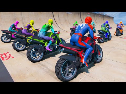 Racing Colorful Spiderman Motorcycle - Extreme Mega Ramp Racing in The City