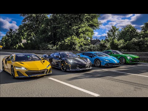 Forza Motorsport Drag race: Acura NSX Type-S vs C8 Corvette E-Ray vs Huracan Evo vs Mercedes AMG GTR