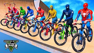 SPIDERMAN Team Bicycles Ultimate Stunts Racing Challenge on Grand Canyon Mega Ramp - GTA 5