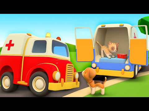 La ambulancia. Vehículos de servicio. Dibujos animados para niños