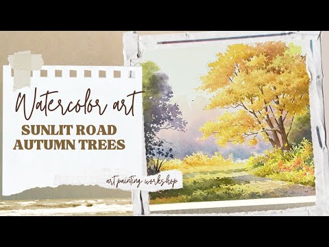 Sunlit Road and Autumn Trees - Watercolor Art Painting