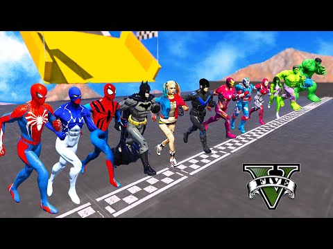 SPIDERMAN Team vs BATMAN Team vs IRNON MAN Team vs HULK Team RUNNING Challenge On Mega Ramp - GTA 5