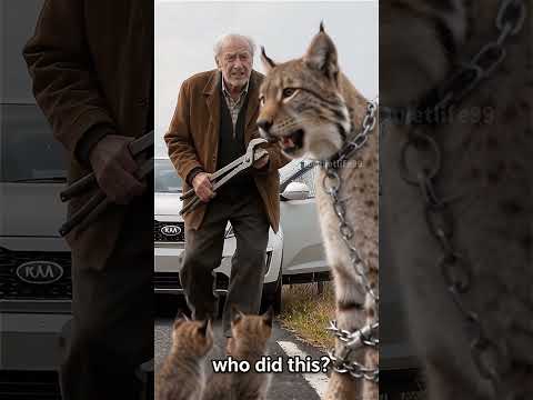 An old kind man frees a lynx from the chain