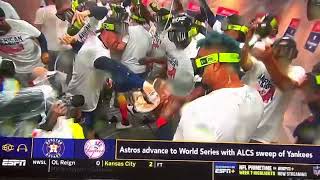 Houston Astros postgame locker room celebration winning ALCS over Yankees going to World Series