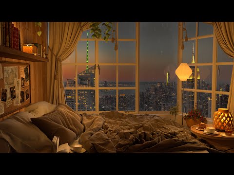 🎧 4K Peaceful Cozy Bedroom Ambience - NewYork City Rain on Windows - Jazz Music for Relax and Study