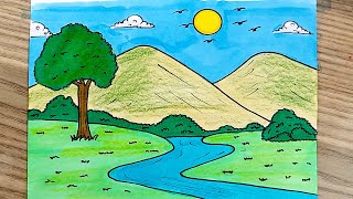 رسم سهل | رسم منظر طبيعي بسيط بالالوان خطوة بخطوة  للمبتدئين 🌄🏡 | رسم طبيعة  |رسومات سهله