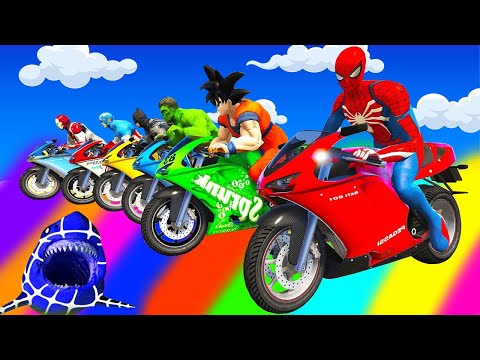 الأبطال الخارقين على القضبان دوامة قمع جسر 🚴‍♂️ SPIDER MAN!on Motorcycle in Spiral Bridge Stunt Rid